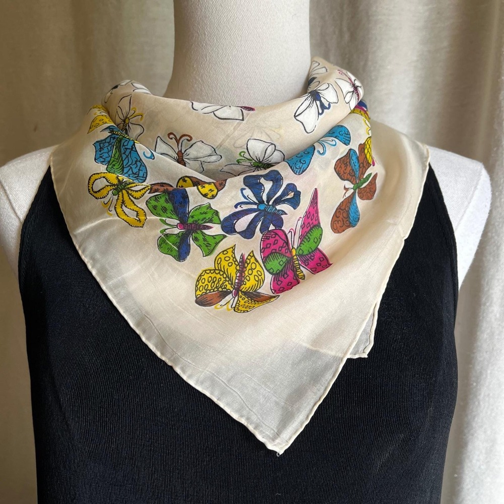 Vintage Sunny Tops Butterfly Silk Blend Scarf Made in Japan 23x23